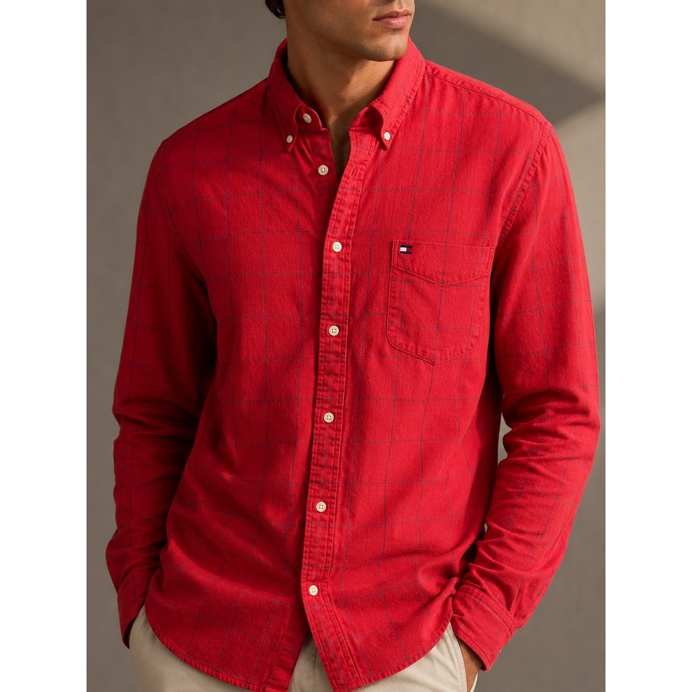 VTG Tommy Hilfiger Mens Red Windowpane Check Cotton Button Down Flannel Shirt L